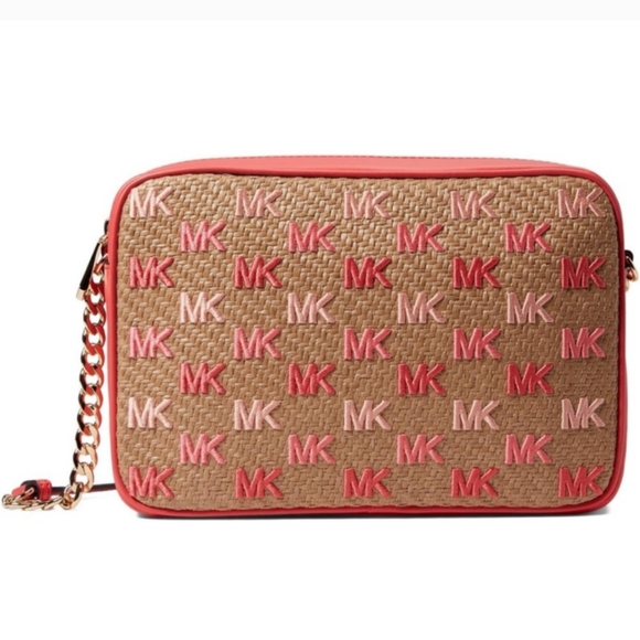 NWT Michael Kors Crossbody Bag -  Pink and Tan Raffia - Picture 3 of 8